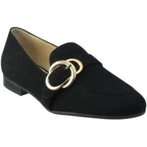 Ron White Cashmere Suede Karlota Loafer - Onyx with Gold Buckle - Size 9